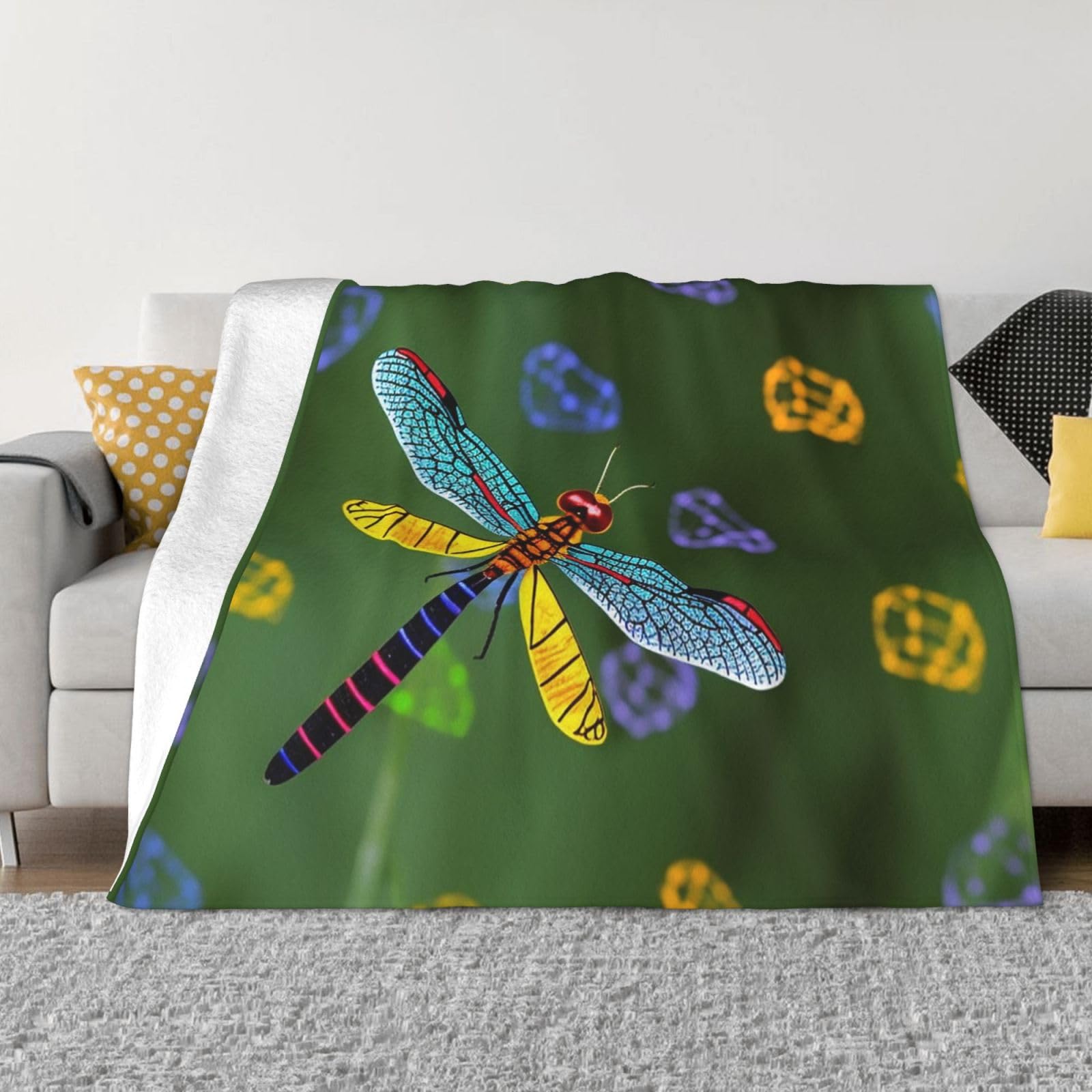Couverture libellule en flanelle plaid chaud léger et pelucheux pour chambre et voyage