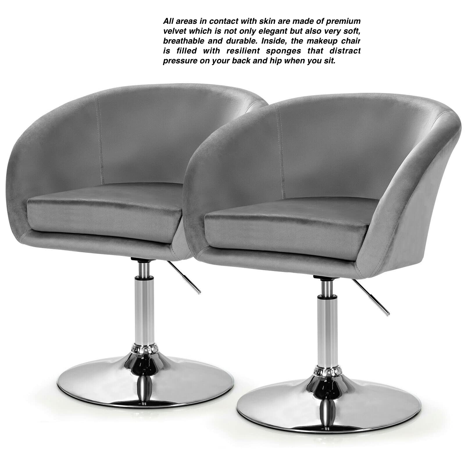 2PCS Grey Modern Velvet Chair Bar Stools Vanity Chair Office Chair Accent Chair Makeup Seat Ergonomic Design Height Adjustable Solid Premium Gas Lift 360 Degree Swivel Design Heavy Duty Metal Base