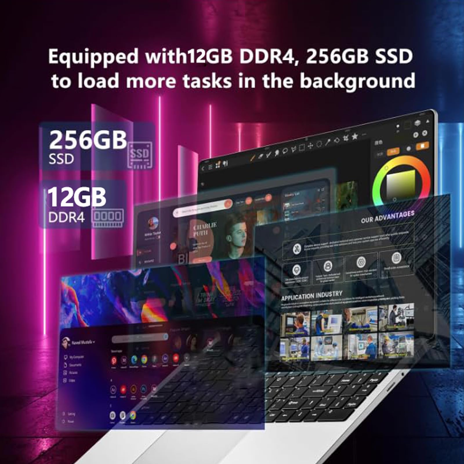 PC Portatile da 15,6 pollici, Computer portatile Celeron N4000, laptop 12GB RAM 256GB SSD, notebook Full HD 1920 x 1080, apertura e chiusura a 180 gradi, WiFi 5, Mini HDMI, TF Card Slot, USB3.0, BT4.2