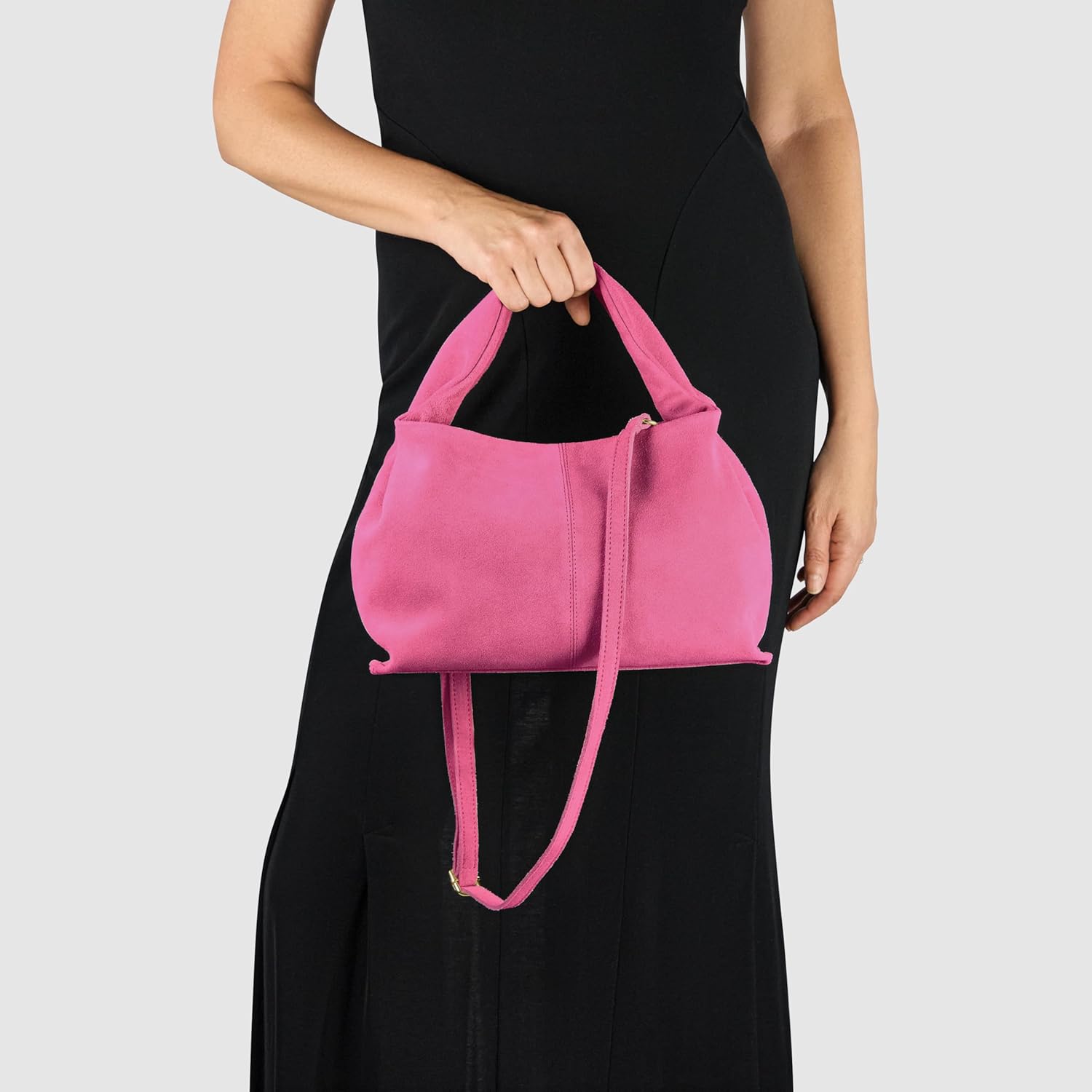 Italian Genuine Suede Shoulder Bag for Women with Sculpted Top Handle & Detachable Strap | Medium Designer Handbag (Fuchsia) - Image 2
