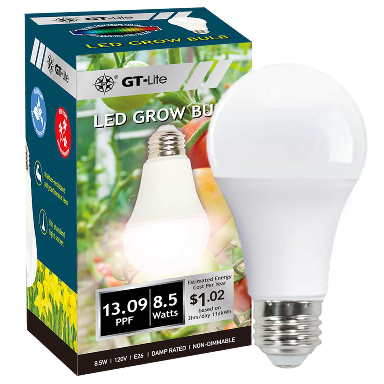 GT-Lite LED A19 Plant Grow Light Bulbs Full Spectrum with 13.09 PPF