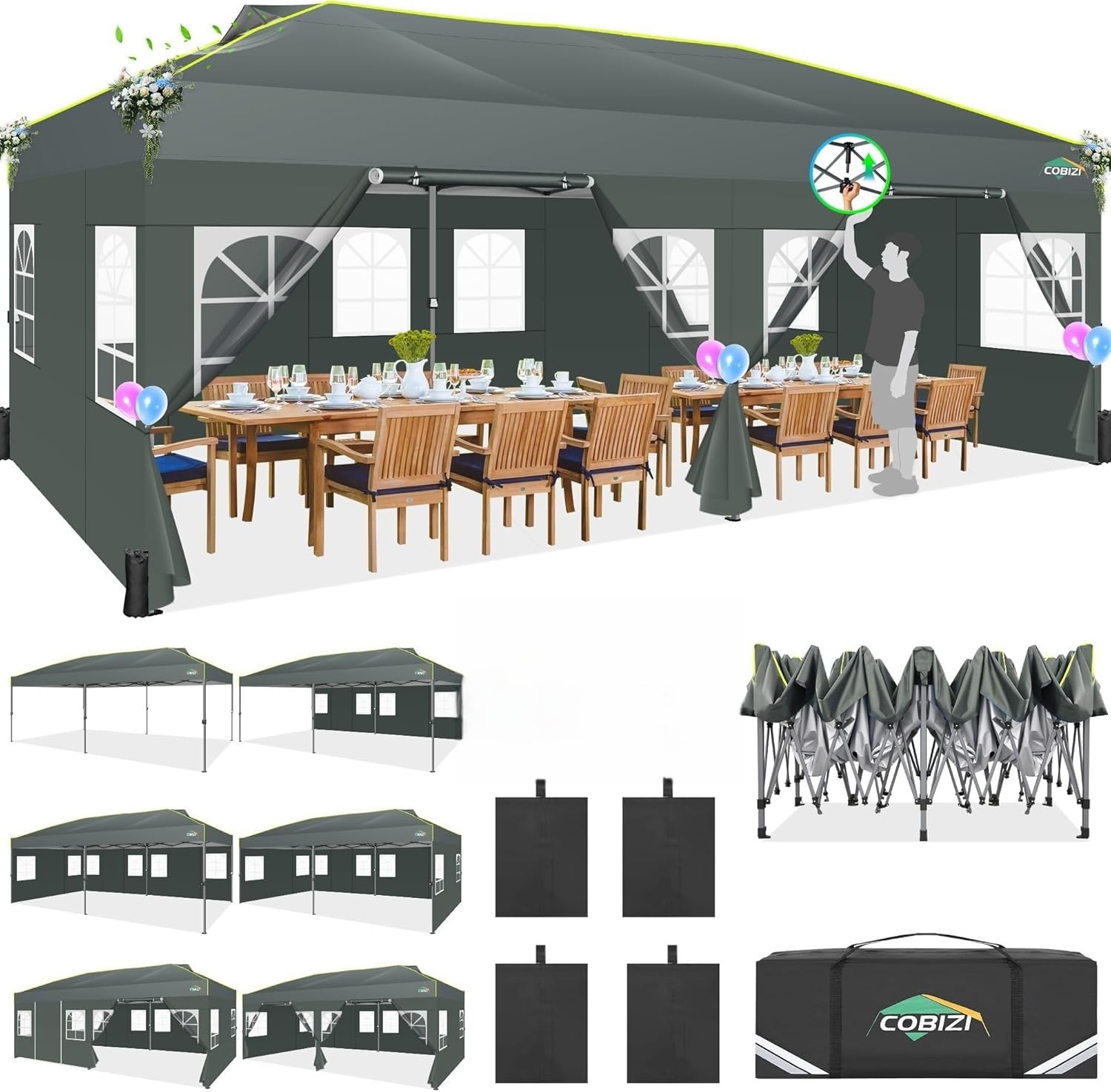 cobizi 10x20 pop up canopy with 6 sidewalls one push setup outdoor event shelter waterproof upf 50+ gazebo tent with carry bag,air vent,sandbag for commercial, wedding, party,grey