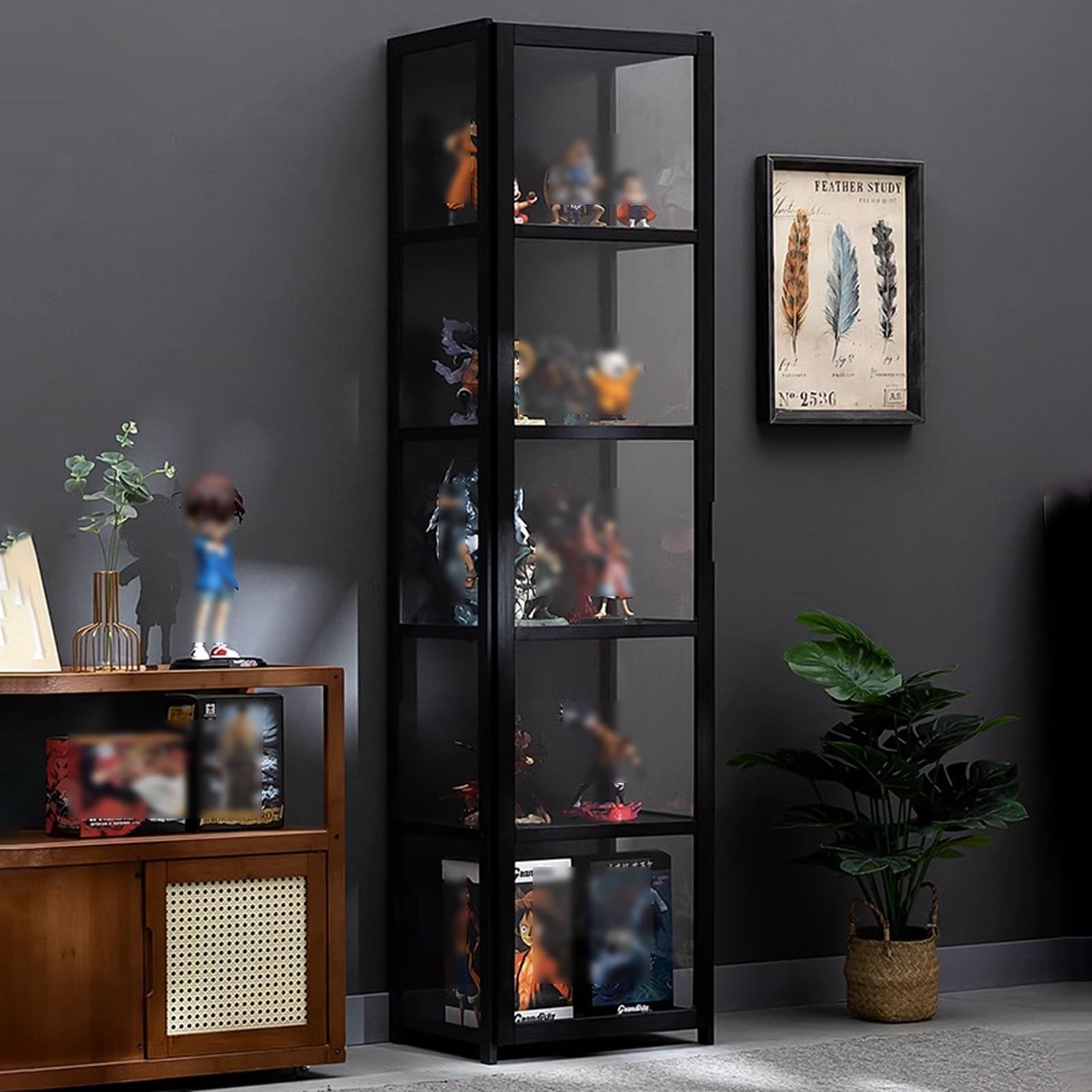 Moderna vitrina de bambú con puertas de vidrio acrílico, estante de almacenamiento de 4/5 niveles para libros coleccionables y decoración, ideal para sala de juegos, dormitorio, acabado de bambú