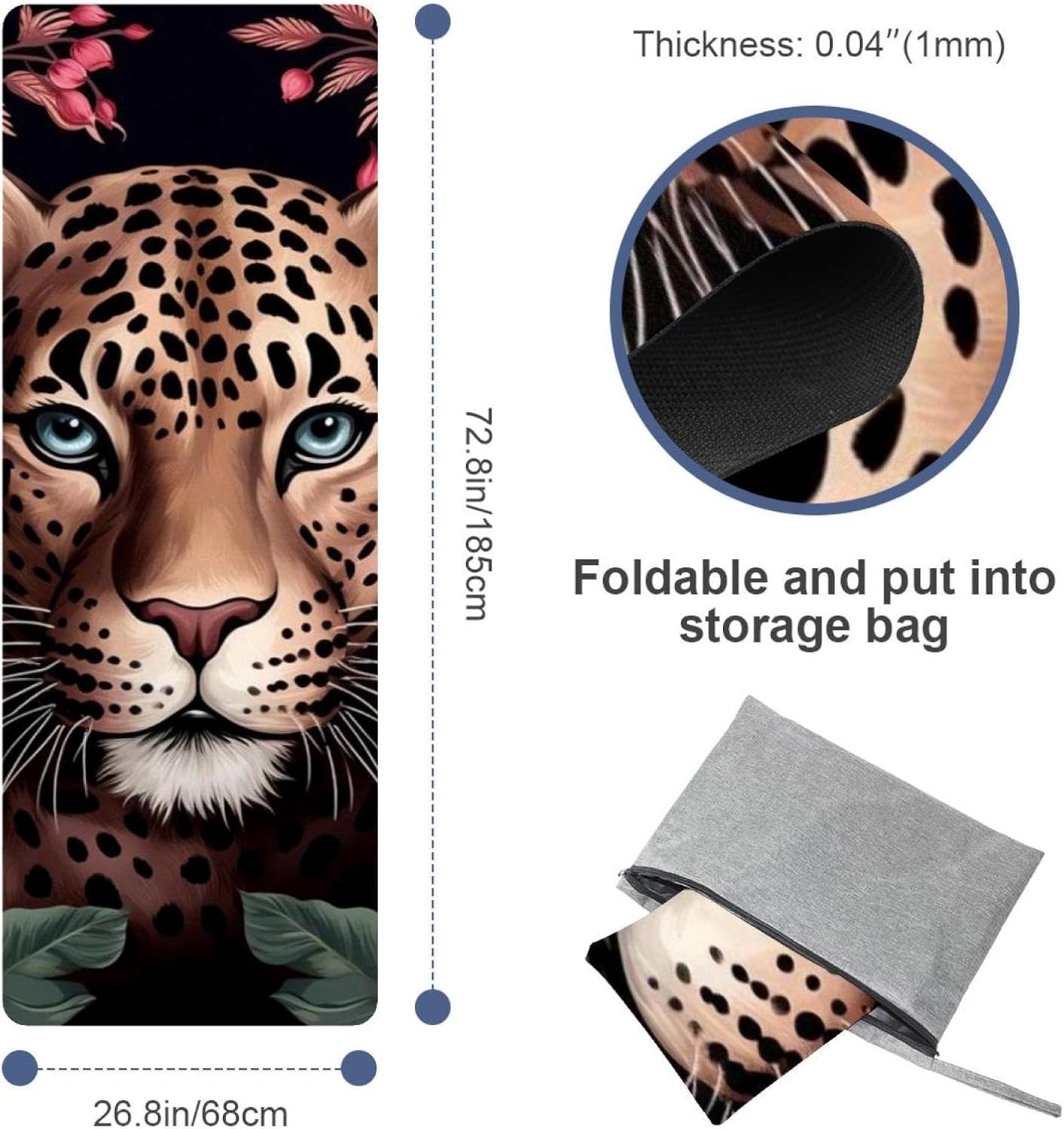 Yoga Towel, Leopard Rose Flower Non Slip Sweat Absorbent Hot Yoga Mat Towel for Hot Yoga, Pilates and Fitness - 72.8" x 26.8"