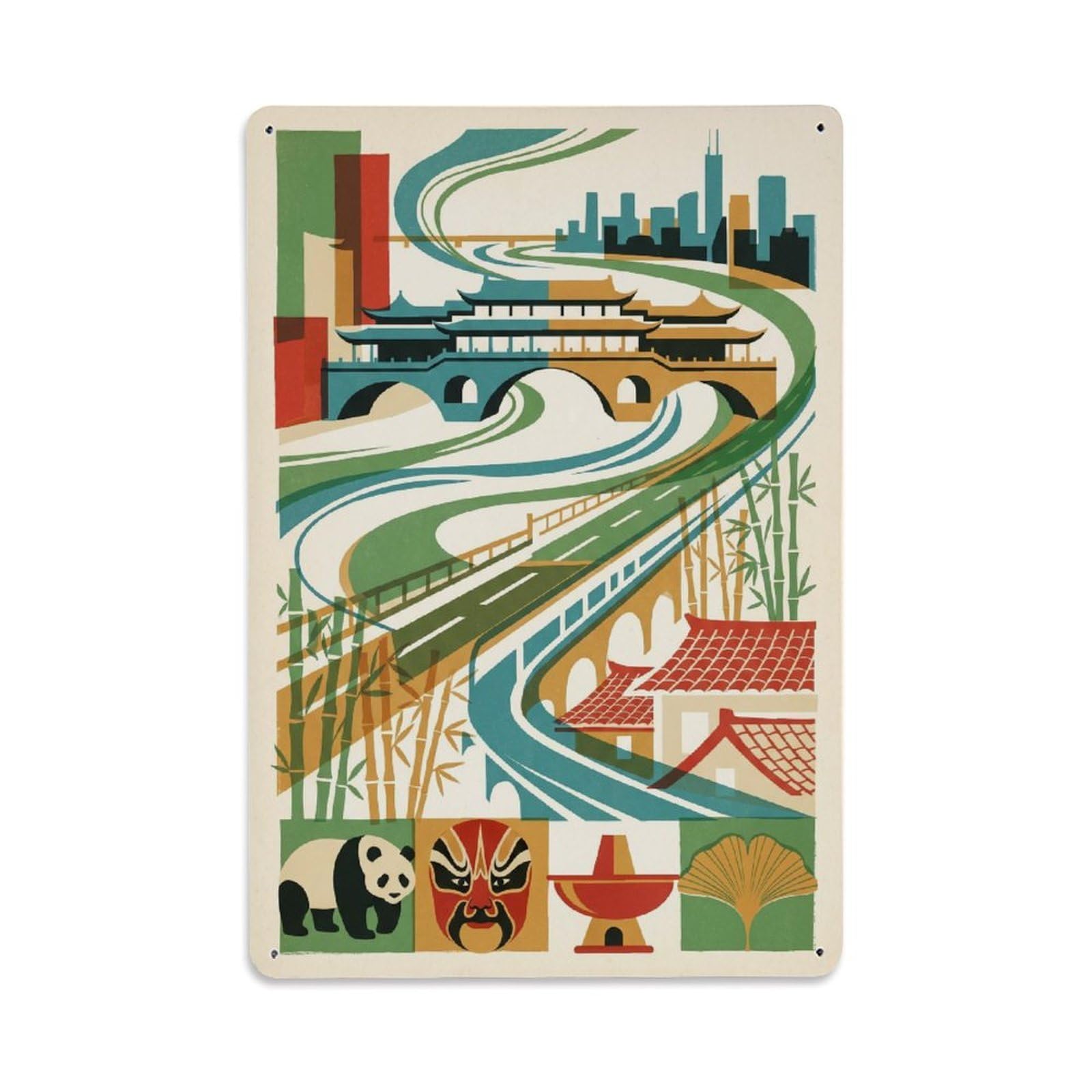Okngb Style Chengdu Cityscape Retro Chinese Transit Lines Mosaic Metal Tin Sign Plaque Wall Decor For Cafe, Man Cave, Club Bar, Office, Home Garden Round Metal Poster 8X12inch