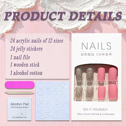 Miniatura 2 de Uñas postizas a presión de color rosa medio cuadradas SWEKKE de cobertura completa, uñas postizas plateadas con purpurina brillante con pegamento