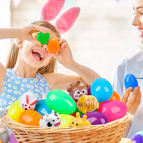 Miniatura 2 de 12 huevos de Pascua con juguetes de automóvil para tirar hacia atrás, huevos de plástico con vehículos de animales de dibujos animados para niños,