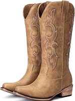 Choiran Women's Embroidered Cowboy Boots - Western Cowgirl Mid-Calf Chunky Heel Pointed Toe Boots
