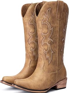 Choiran Women's Embroidered Cowboy Boots - Western Cowgirl Mid-Calf Chunky Heel Pointed Toe Boots