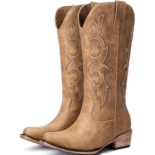 Cowboy Boots for Women - Embroidered Cowgirl Boots Western Mid Calf Fashion Chunky Heel Pointed Toe Country Boot