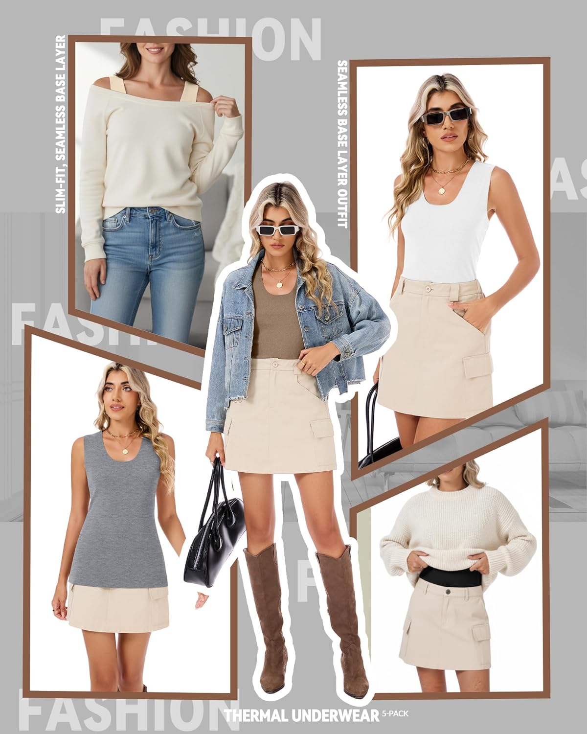 5 Pack Women's Thermal Tank Tops Fleece No Hem Thermal Underwear Sleeveless Tops Camisole Warm Base Layer - Image 2