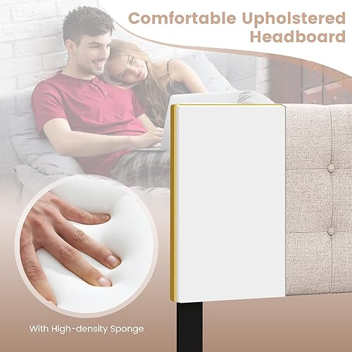 Miniatura 8 de KOMFOTT Cabecera tapizada de lino para marcos de cama Full y Queen, cabecero de cama con botones capitoné y patas de madera de caucho maciza,