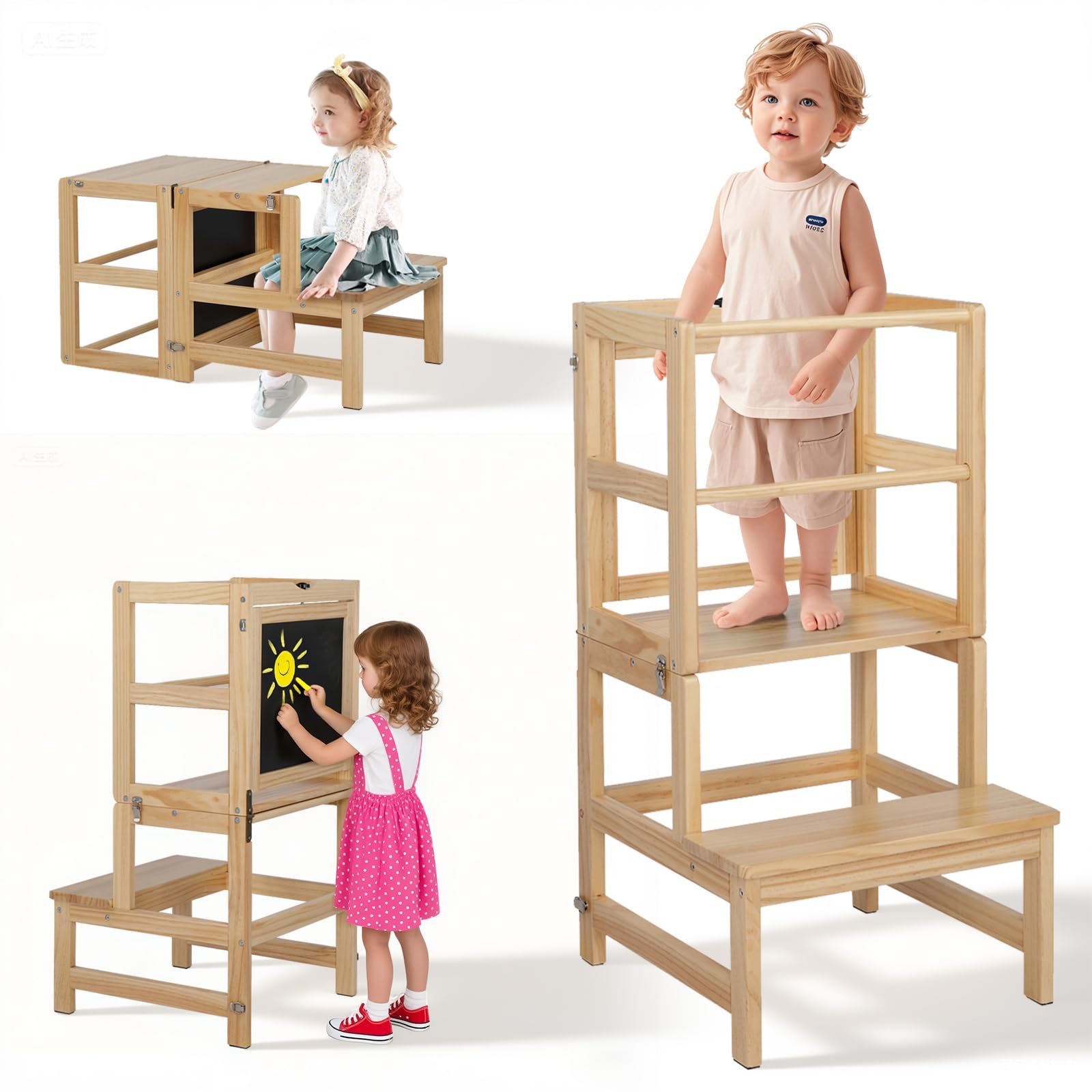 Lernturm Kinder Klappbar mit Whiteboard，3 in1 Küchenhelmer Höhenverstellbar & rutschfeste Matte，Montessori inspiriert，Ab 1 Jahr (30kg)，Für Küche & Bad（Naturholz）