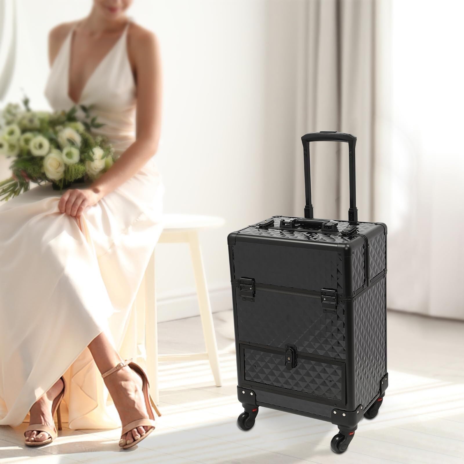 Mobiler Friseurwagen Professioneller Make-up-Trolley Aus Aluminium, Kosmetikkoffer Mit Schubladen, 4 Rädern, Friseurkoffer Salon Ausstattung(Silver)
