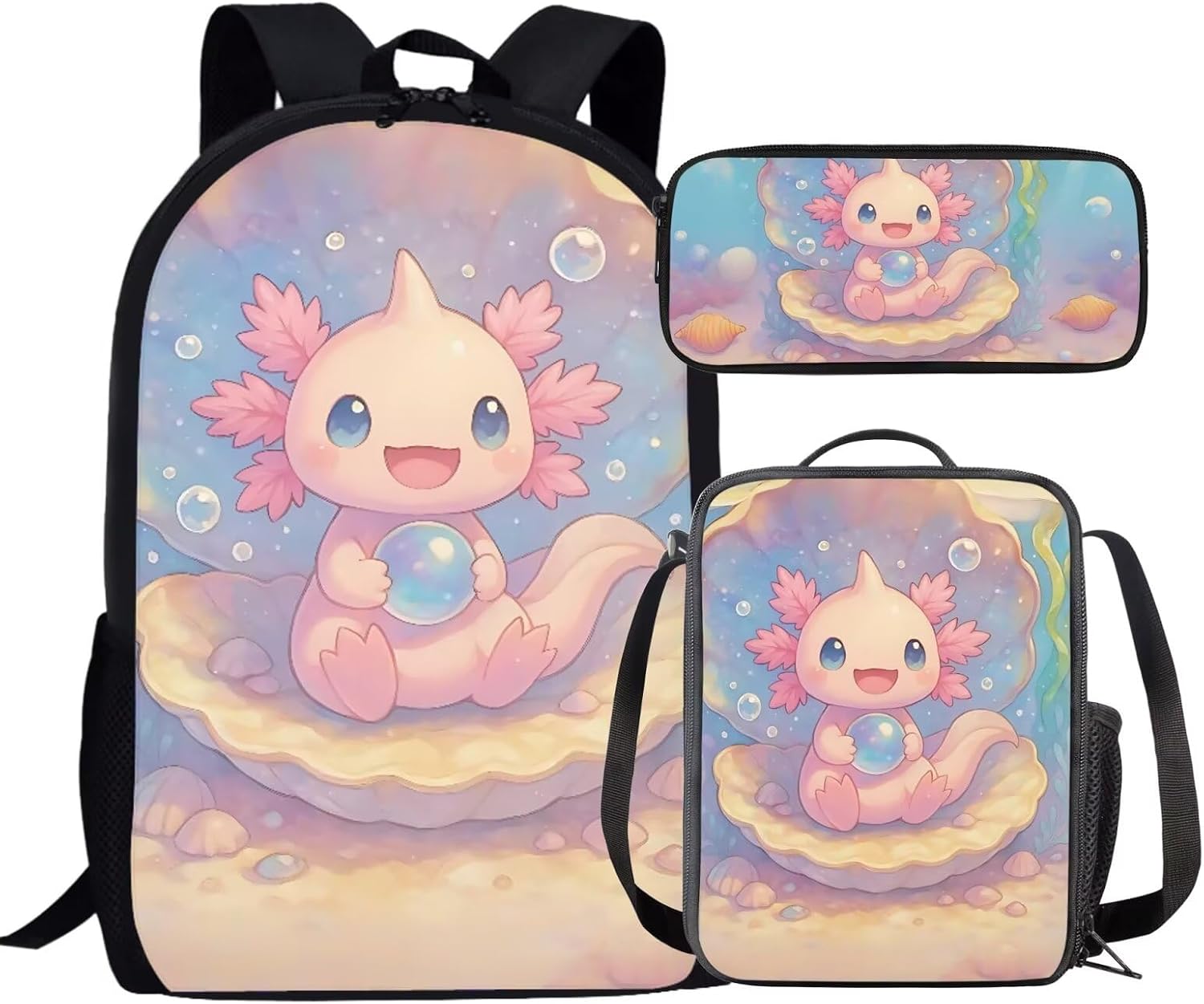 Dolyues 3 Pack Axolotl Backpack Lunchbox Combo Kids Cute Bookbag for Girls Age 6-8 Back to School Book Bags Lightweight 3rd Grade Outdoor Rucksack