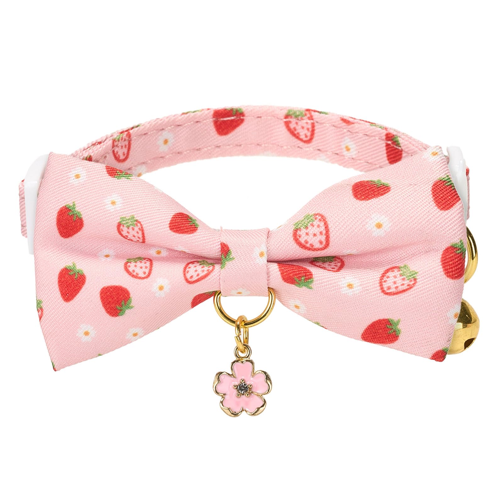 Petiry Breakaway Cat Collar with Removable Bow Tie & Bell - Durable Polyester,Adjustable Safety Kitten Collar in Daisy & Strawberry Print,Pack of 1 — image 1