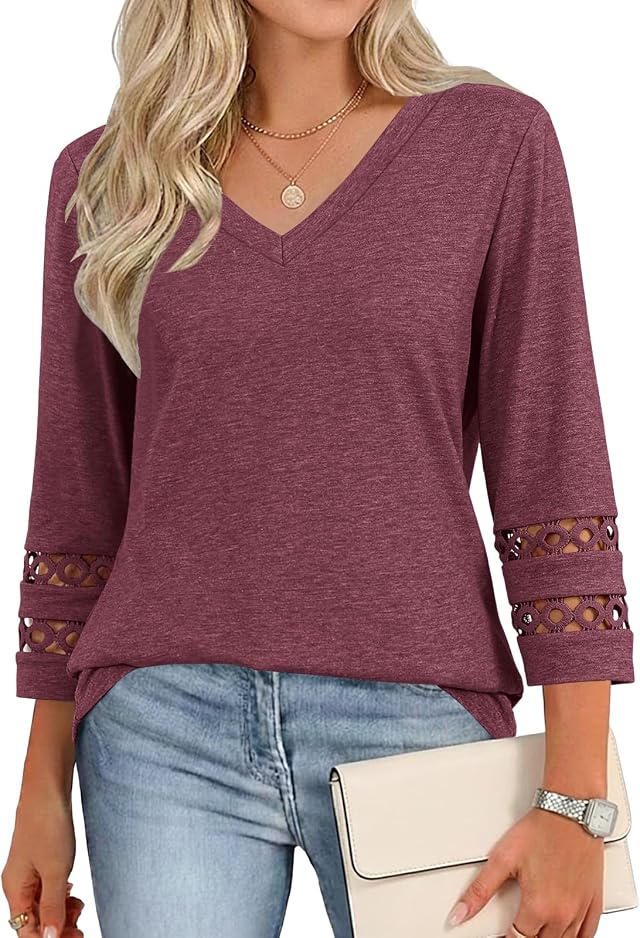 Cuptacc Bluse Damen V Ausschnitt Shirt 3/4 Arm Elegant Oberteile Casual Top | Herbst,Sommer,Elegant,Casual,Basic,Lässig,Schickes,V Ausschnitt,Lace,Chic,Business,Lockere,Leicht