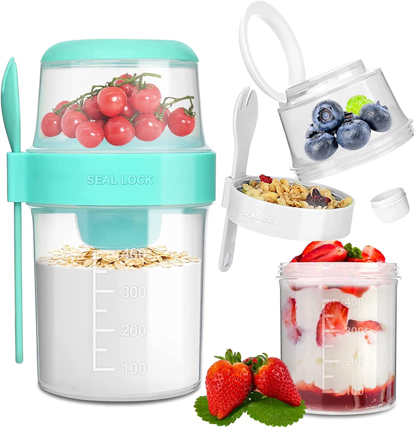 Overnight Oats Container 26oz 2 Pack, 2- Tier With Lid And Spoon, Yogurt Oatmeal Container On The Go, Oats Jars With Lid, Crunch Cup Portable Cereal And Milk To Go Container