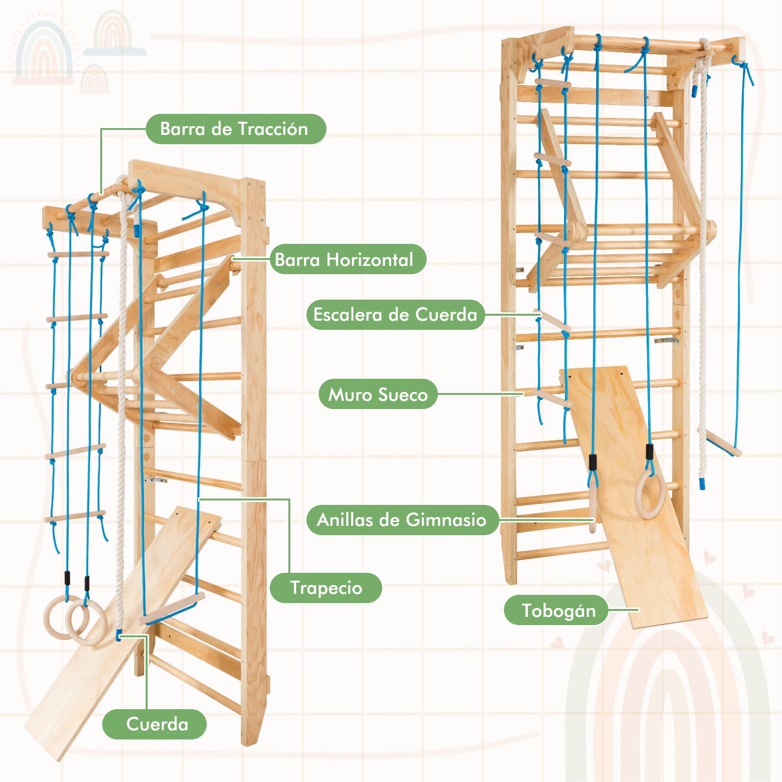 COSTWAY Espaldera Gimnasio Casa, Escalera Sueca Madera, Barra de Dominadas, Equipo de Entrenamiento para Adultos y Niños, Fitness Casa Deportiva Carga 100kg, 80x60x220cm, Natural