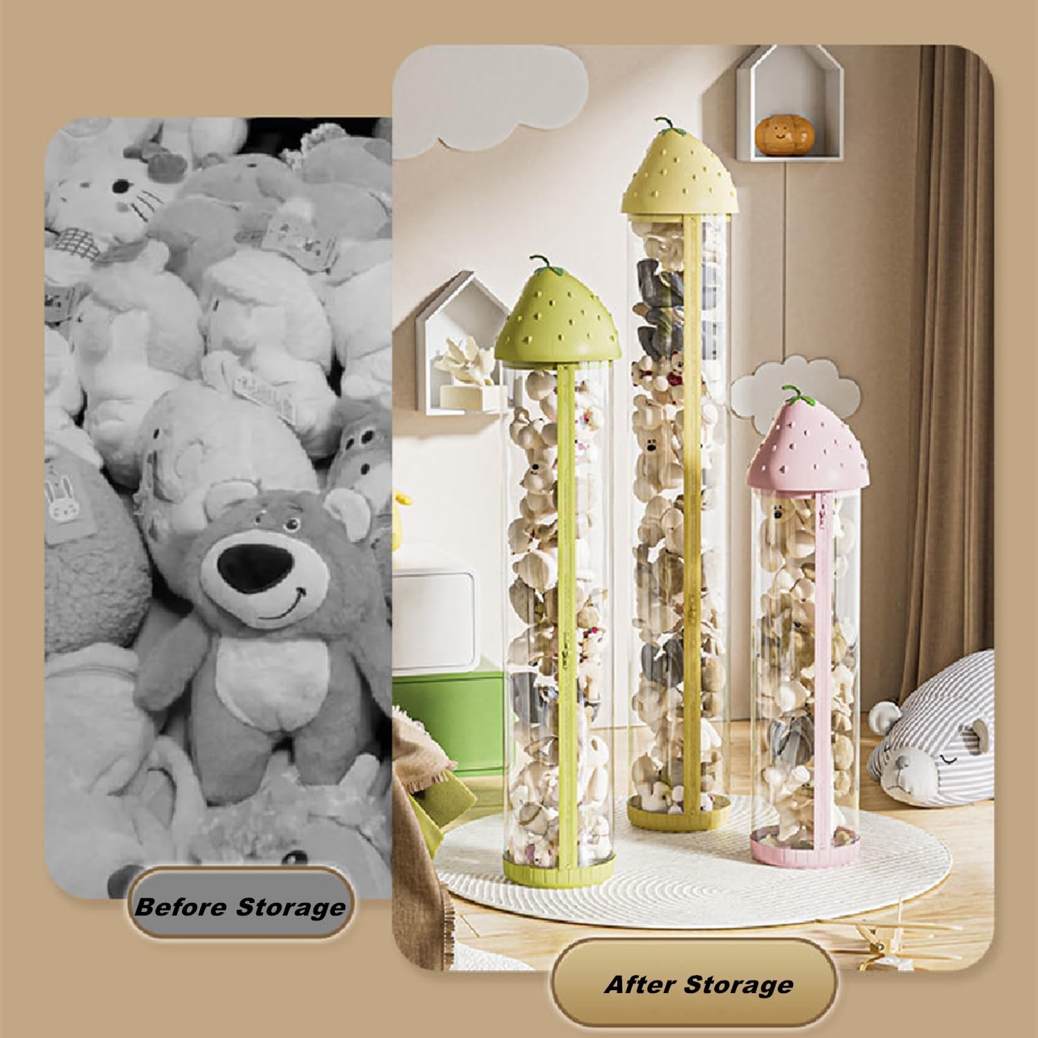 Stuffed Animal Storage Tube with Zipper and LED Lights, 360° Wheels Dustproof Clear Plush Doll Display Organizer for Home Decor, High 44/56/68 Inch Plushies Storage Organizer (Pink, Large-68IN)