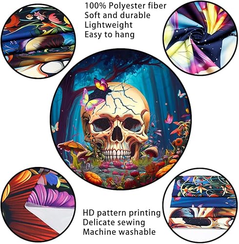 Miniatura 6 de Racunbula Tapiz de calavera trippy, tapiz floral vintage, tapiz de flores de bosque, tapiz de pared de hongos hippie, mariposa estética, para colgar