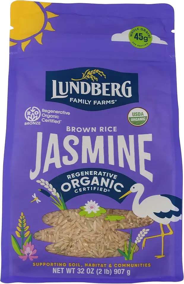 Lundberg Organic Jasmine Brown Rice – Long-Grain, Fluffy &amp; Aromatic, Responsibly Grown in California, 32 Oz USDA Organic