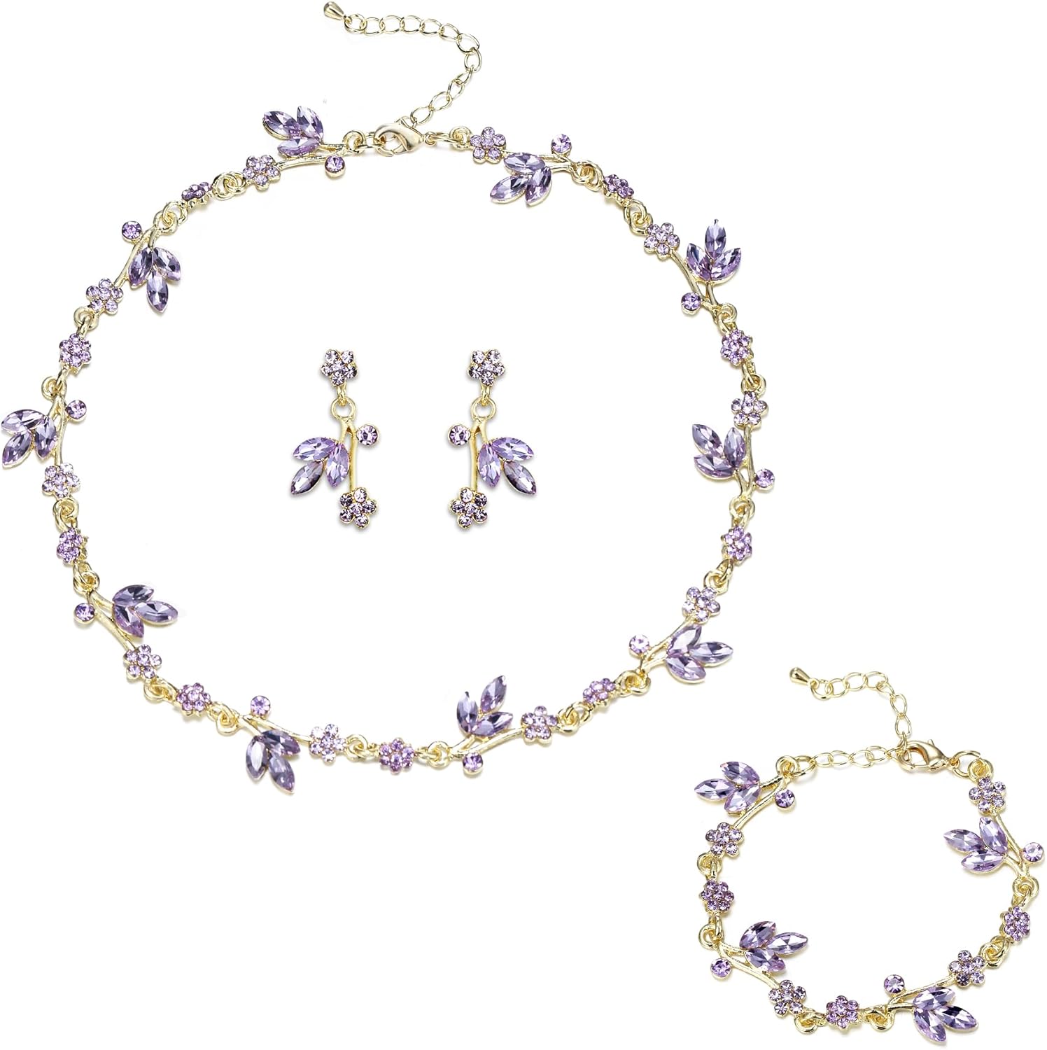 EVER FAITH Bridal Wedding Jewelry Set for Bride Bridesmaid Rhinestone Crystal Flower Leaf Choker Necklace Dangle Earring Link Bracelet Costume Accessories for Women