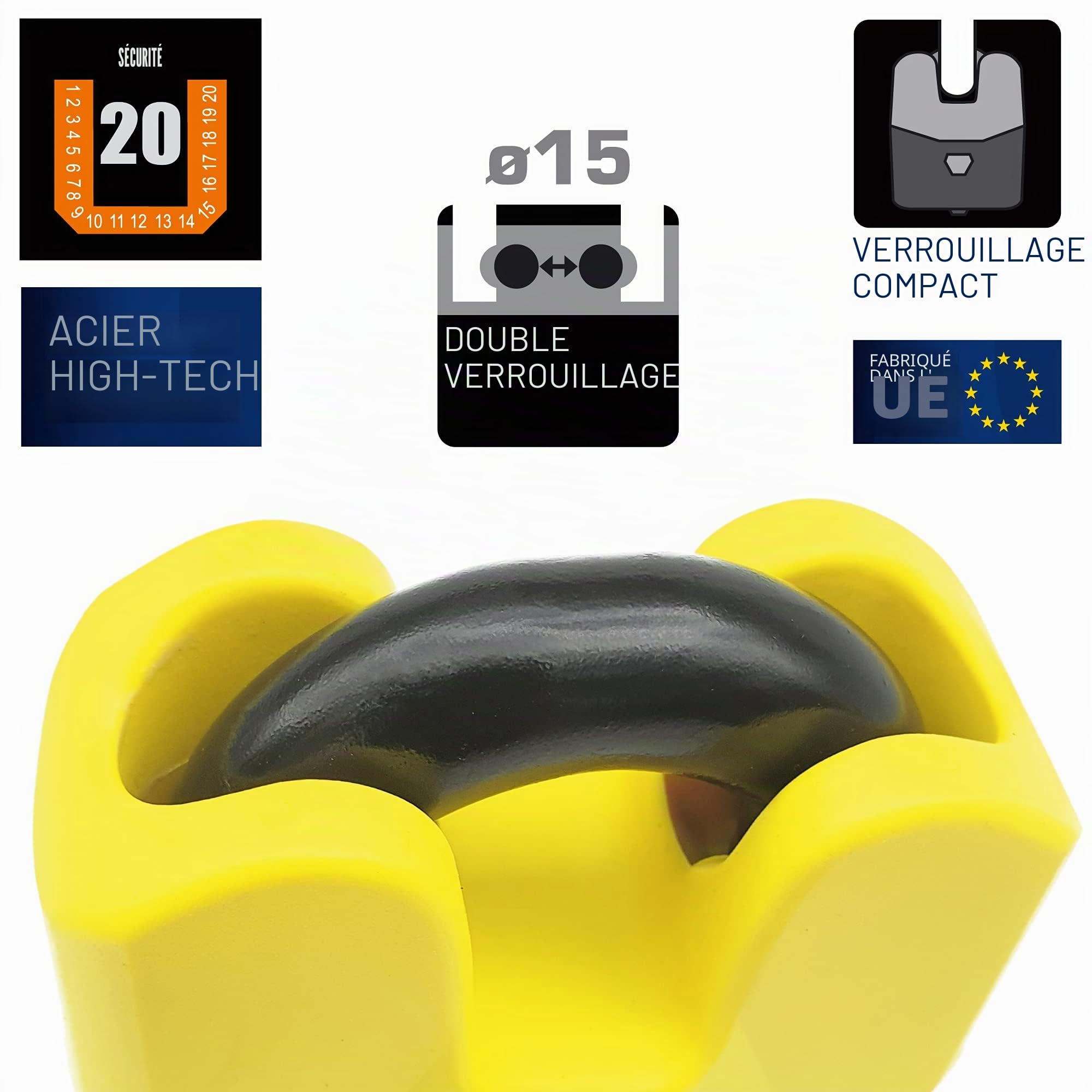 URBAN U8K Cadenas Haute Sécurité Homologué SRA Combinable avec Chaîne, Double Fermature ø15 Arc, Serrure Anti-Pick Anti-Perçage, Cadenas Antivol Blindé Polyvalent Portes Conteneur