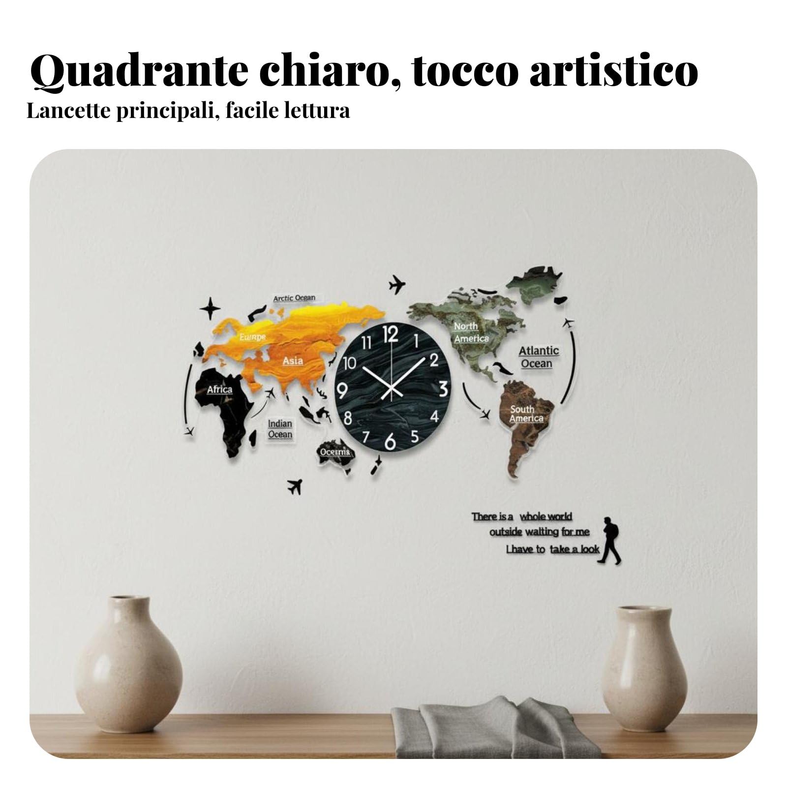 Orologio da Parete Mappa Orologio Decorativo Orologio Silenzioso Orologio Moderno con Design Minimal Effetto 3D Multistrato Superficie in Acrilico, 120x55cm, LED Nero