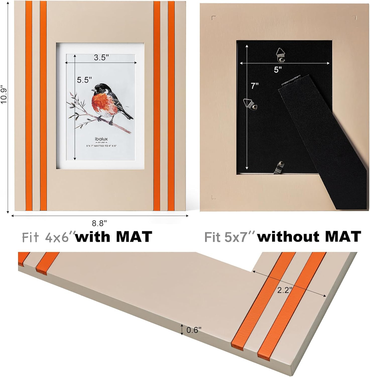 5x7 Picture Frame Gray with Orange Stripes, Solid Wood with Real Glass, Matted to 4x6, Vertical and Horizontal for Tabletop or Wall Hanging Display Photo Frame - Image 3