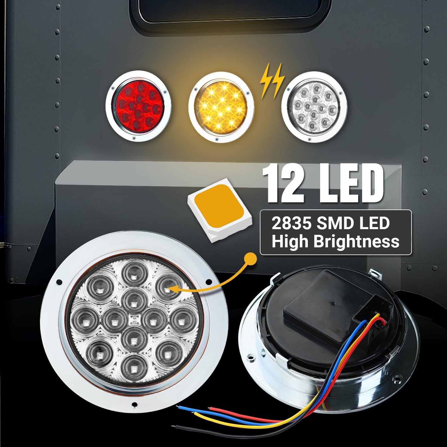 TMH 4 Inch Clear Lens Amber LED Strobe Trailer Tail Lights, 12 LED Flush Mount, Chrome Bezel, Waterproof, Solid & Flashing Strobe Light, 12V for Truck, RV, Bus, Tow Vehicles (4 Pack)