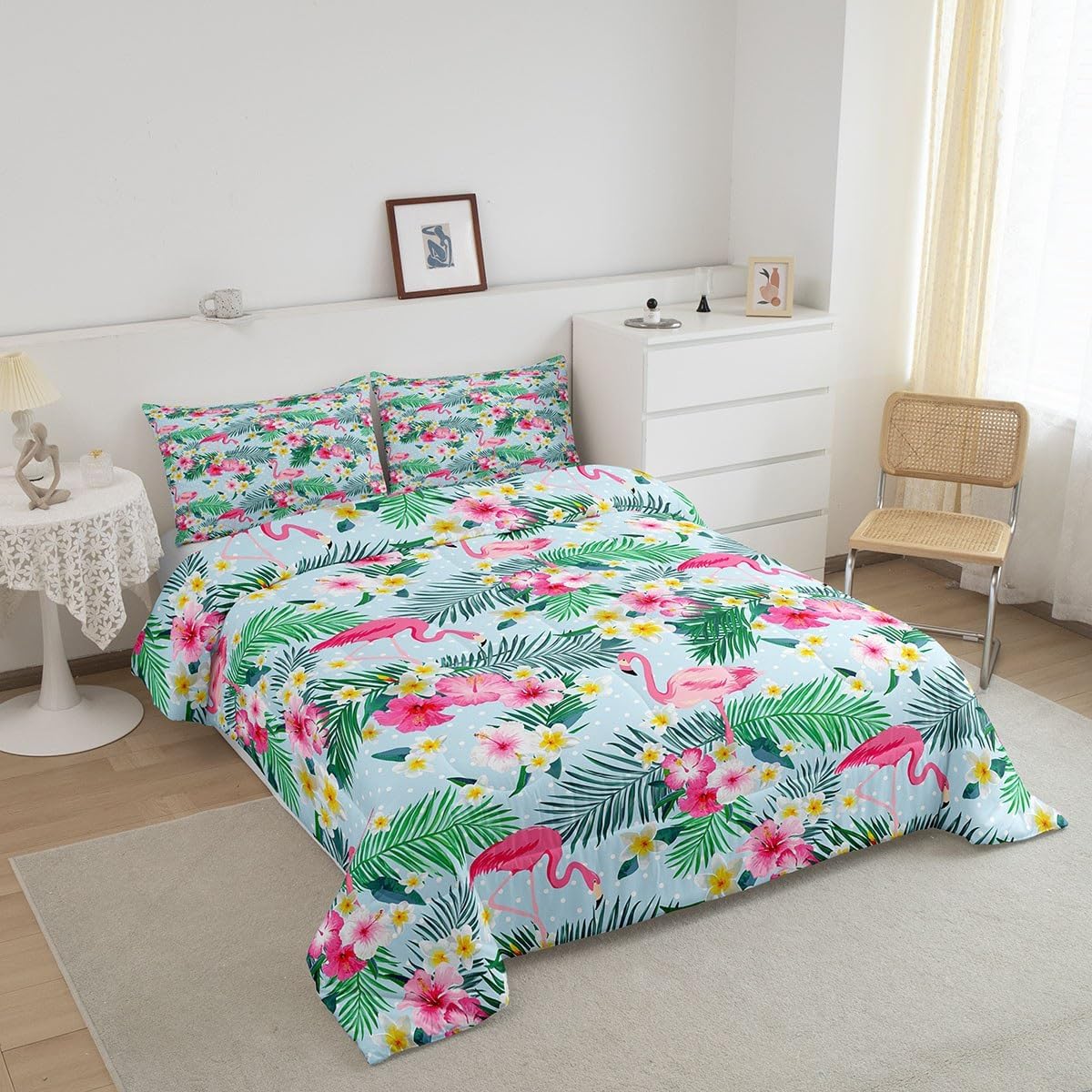 Pink Flamingo Kids Comforter Set King Size,Palm Leaves Flowers Rustic Bedding Set,Boys Girls Adults Room Decor,Tropical Plants Animals Dots Down Comforter,Blue Dreamy Duvet Insert,2 Pillowcases