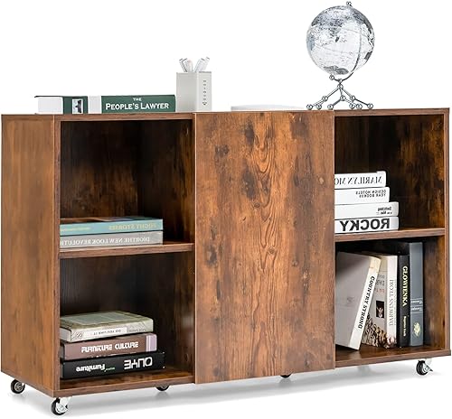 Miniatura 10 de Tangkula Estantería de madera con ruedas, gabinete de almacenamiento móvil con 6 cubos, soporte de impresora con estante abierto, archivador lateral