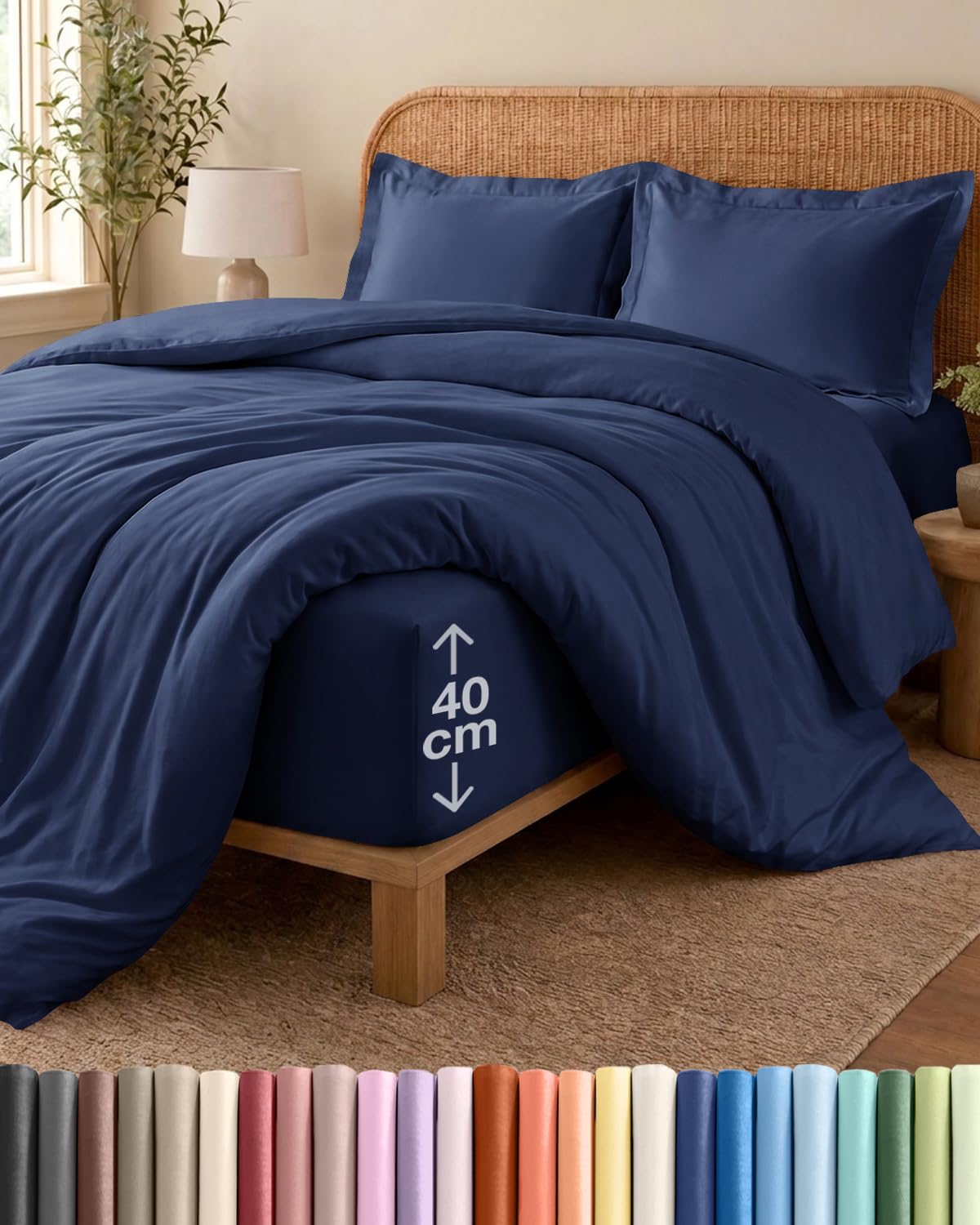 4 Piece Double Bed Navy Duvet Cover Set - Duvet Cover & Fitted Sheet, 2 Pillowcases - 200x200cm + 135x190cm 40cm / 16" - Brushed Microfibre - Soft, Wrinkle & Fade Resistant - OEKO-TEX Certified