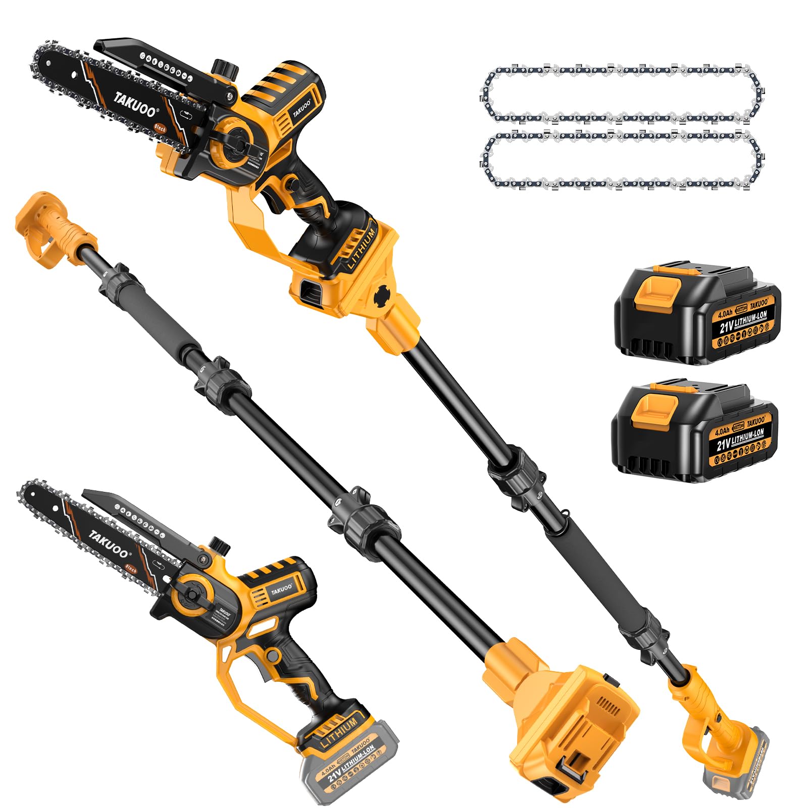 2-IN-1 Cordless 8 Inch Pole Saw & Mini Chainsaw, 21V 2×4.0Ah Battery Powered Polesaw, 15FT Max Reach, Brushless Electric Chain Saw with Extension Pole for Tree Branches Pruning, Wood Cutting