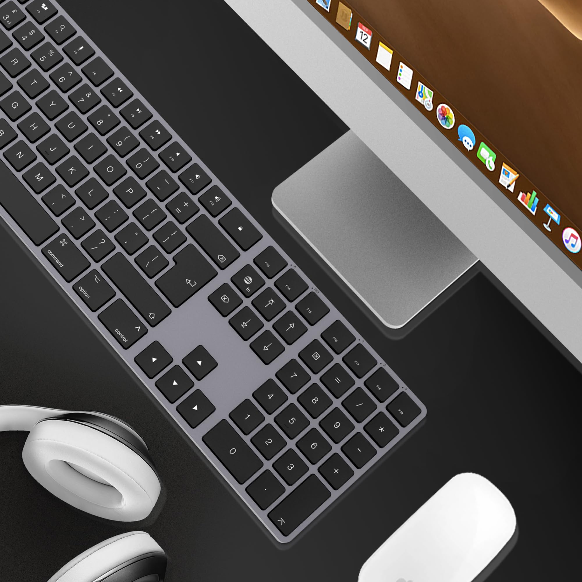 Clavier Bluetooth sans fil en aluminium pour Mac, touches discrètes et silencieuses pour multi-appareils, compatible avec Apple iMac, MacBook, Mac et iPad, batterie rechargeable, gris