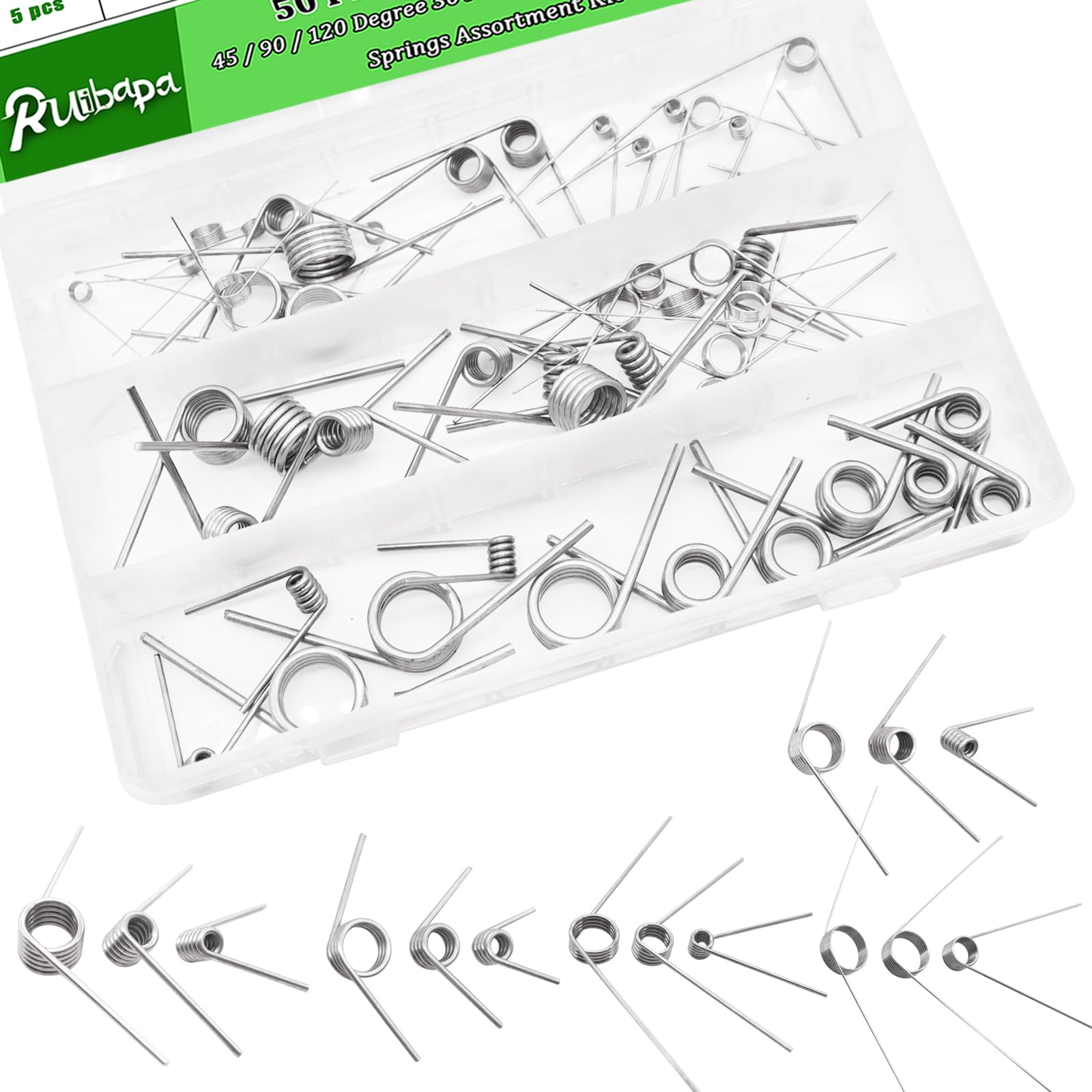50Pcs Torsional Springs Assortment Kit 15 Sizes 304 Stainless Steel,45/90/120 Degree for Home Repairs & DIY Springs Assortment