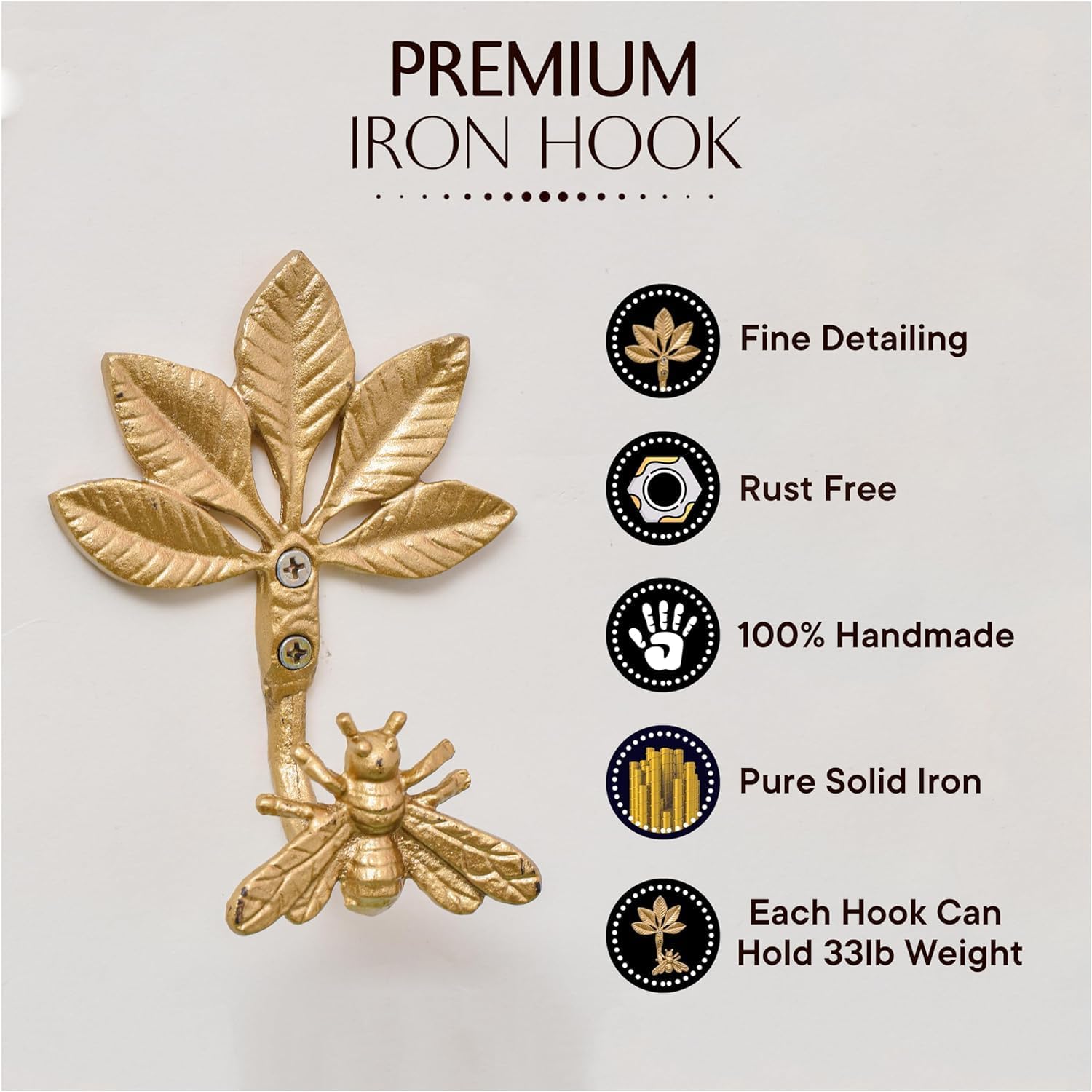 Indian Shelf Set of 2 Iron Heavy Duty Decorative Vintage Wall Hooks for Hanging Coats, Jackets, Leash, Hat, Towel, Backpack, Purse, Handbag for Laundry Room Décors:Golden