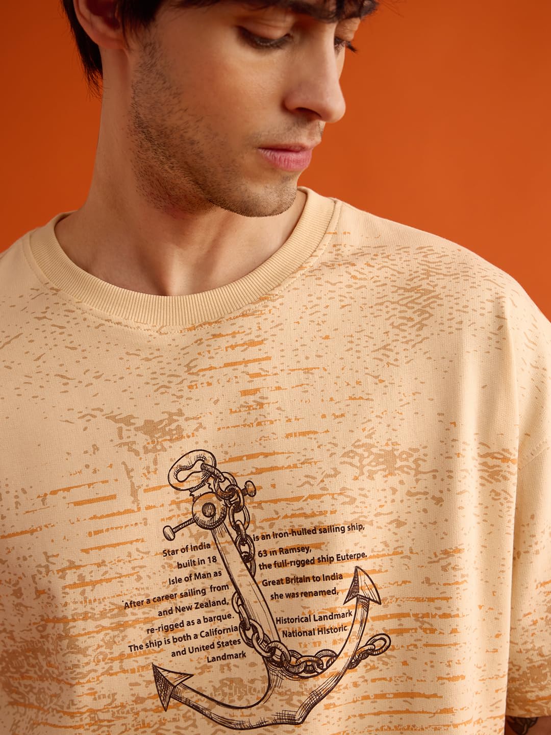 The Souled Store Let's Sail T-Shirt Oversize, kurzärmelig, Rundhalsausschnitt, Baumwolle, Grafikdruck, Beige
