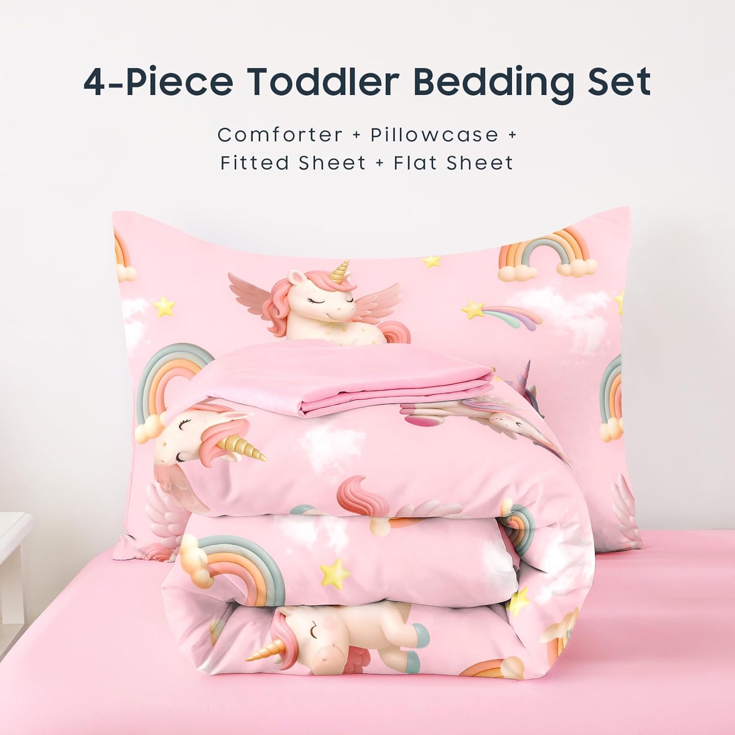 Wake In Cloud - Toddler Bedding Set for Girls, 3D Unicorns Rainbow Clouds, 4 Pieces Soft Crib Bed Set Including Comforter, Sheets and Pillowcase, Pink