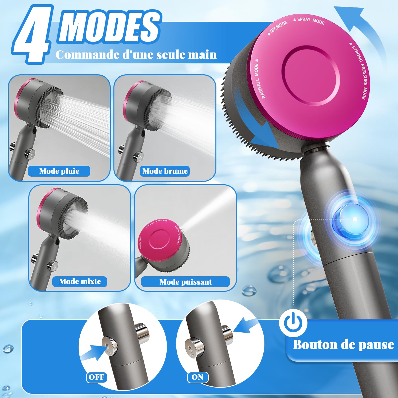 Pommeau de Douche Haute Pression Anti Calcaire,Pommeau de Douche Filtrant Economie d’Eau avec Tuyau 1,5M et Support,4 Modes de Jets Poire de Douche avec Bouton Pause high pressure shower head