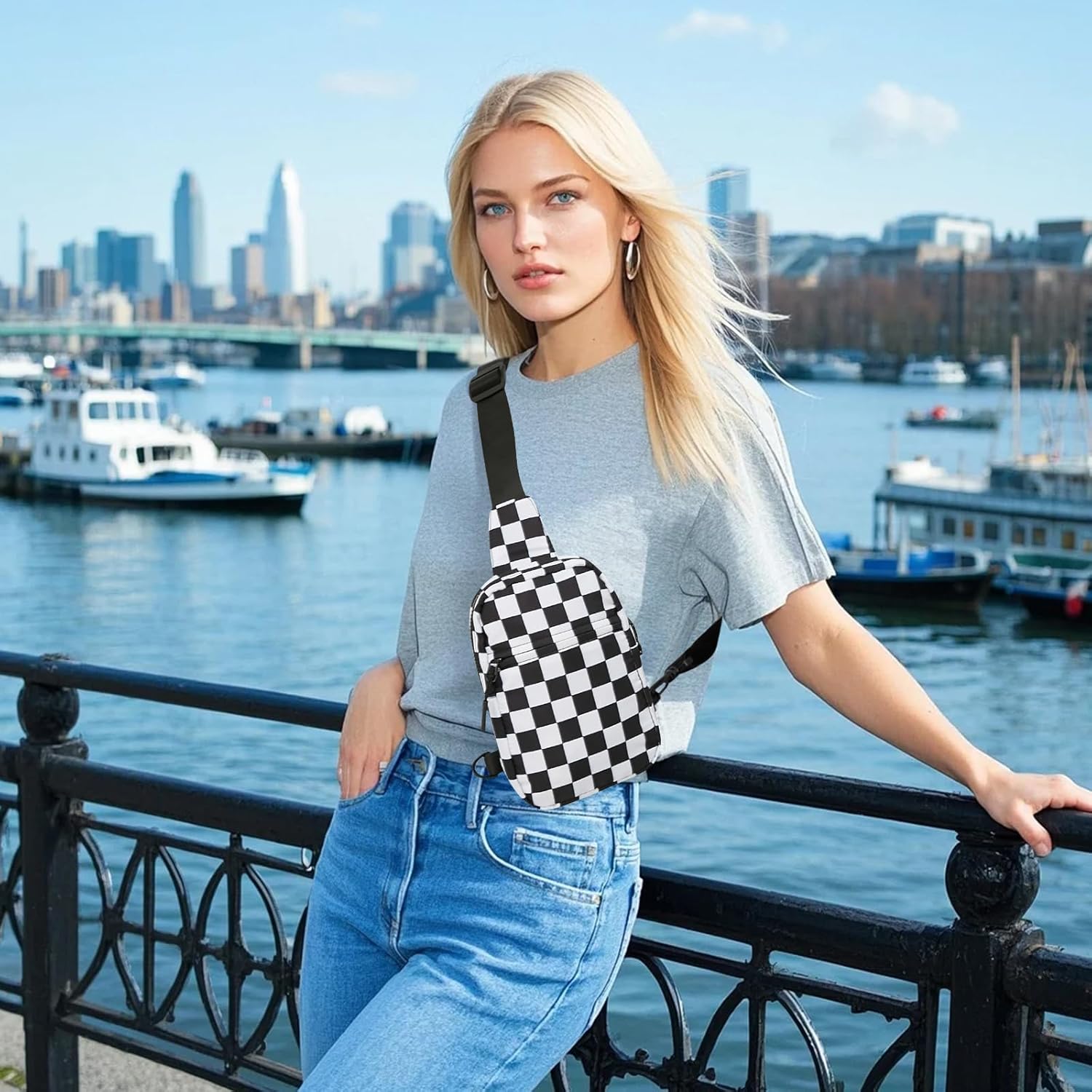 Small Checkered Crossbody Sling Bag Chest Bag Water Resistant Fanny Pack Running Phone Holder for Women Men Workout Travelling Hiking(Black) - Image 2