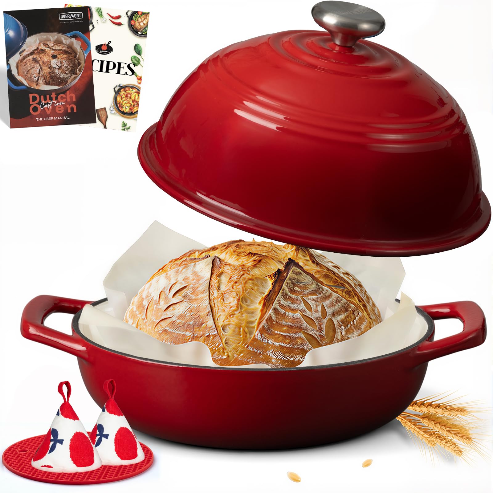 Overmont Cast Iron Pot Enamelled Heart Shape - 1.89 L Roasting Dish Casserole with Lid and Cookbook - for Kitchen Baking Braising Roasting - Wedding  Holiday Gift - Red