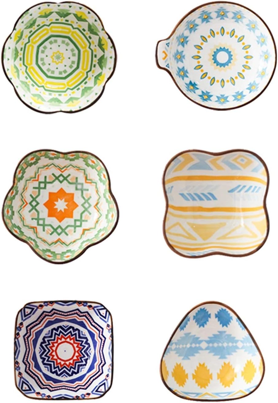 Sauce Dipping Saucer Sauce Dipping Bowls 6 Pcs Beautiful Bohemian Patterns Ceramic Seasoning Dish Kitchen Household Snack Dish Dipping Dish Ideal for Soy Sauce, Ketchup, Sushi,Side Dishes Soy Sauce Bo