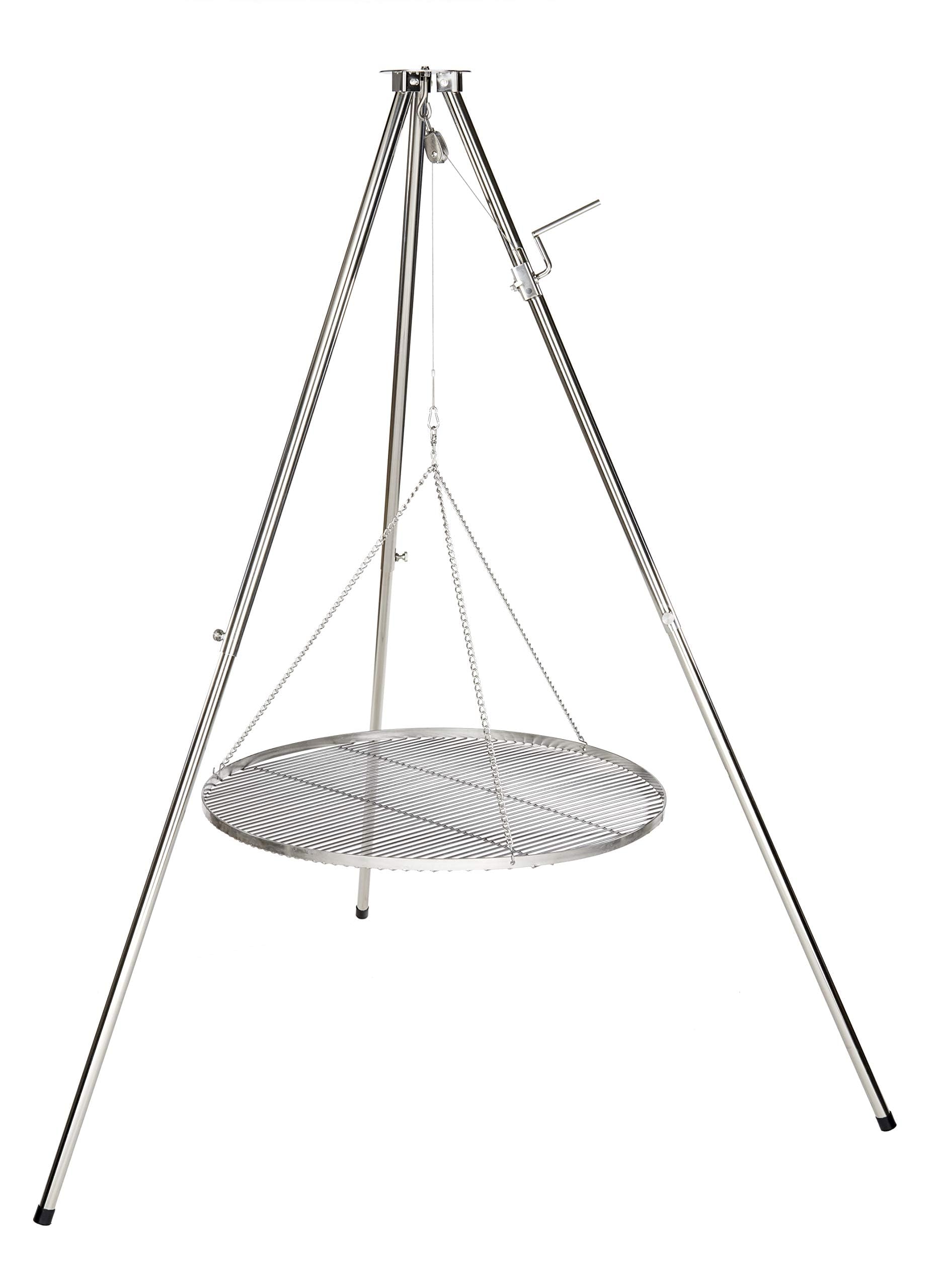 HeRo24 Trípode de acero inoxidable giratorio para barbacoa, altura regulable, con manivela, incluye cadena, gancho, eslabón giratorio y bolsa de transporte, estructura estable para barbacoa, para