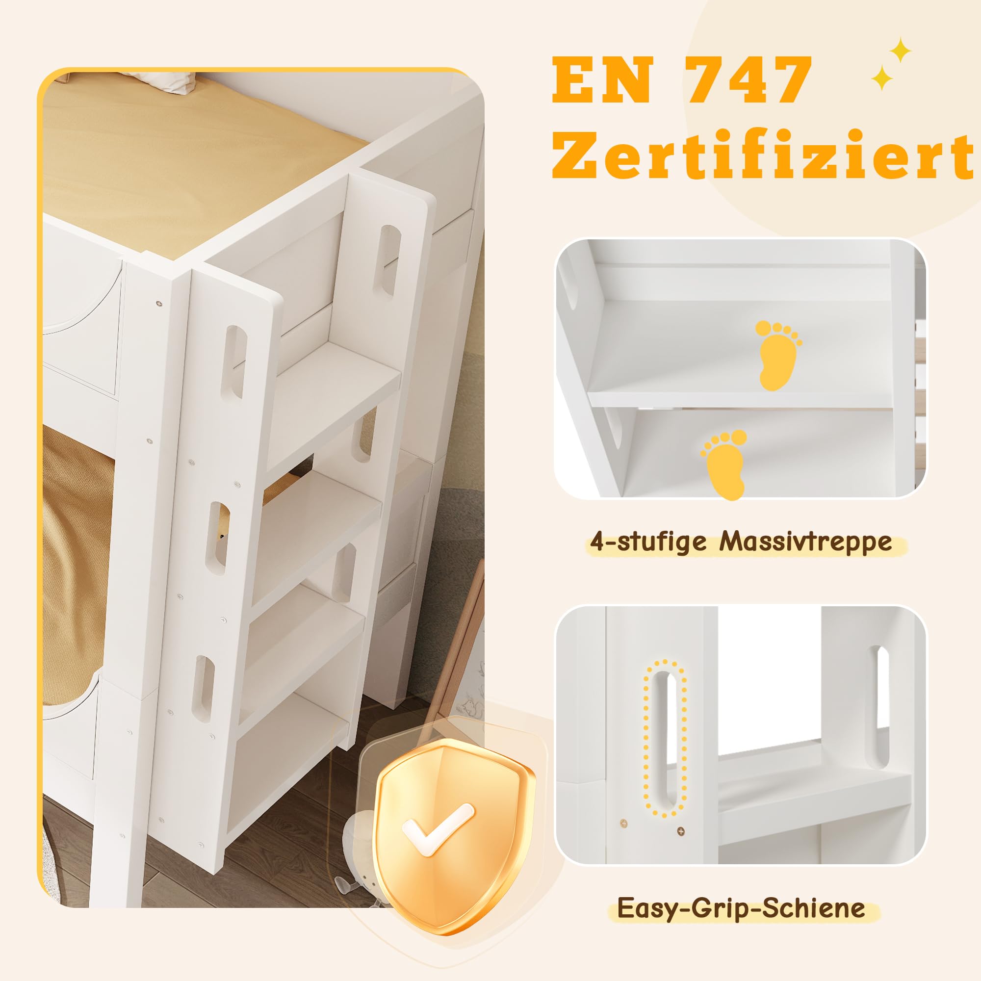 ModernLuxe Trennbares Etagenbett Hochbett 90x200, Kinder Etagenbett mit Leiter am Kopf-/Fußende,aus 1 Bett Werden 2 Einzelbetten, Massivholz, Weiß,ohne Matratze