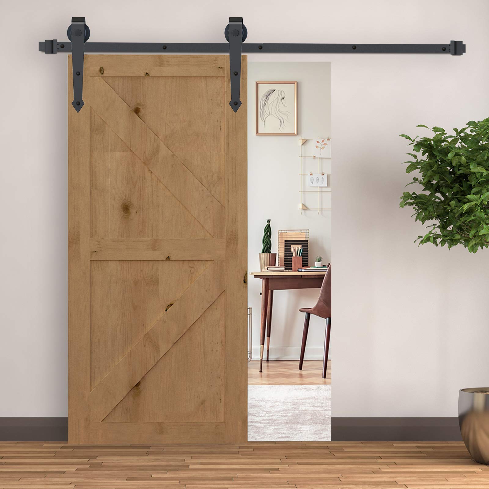 HOMCOM 200CM/6.6FT Kit per Porta Scorrevole da 2 m con Binario Marrone | Acciaio al Carbonio, per Porta Scorrevole Singola, con Rotelle Stile Rustico