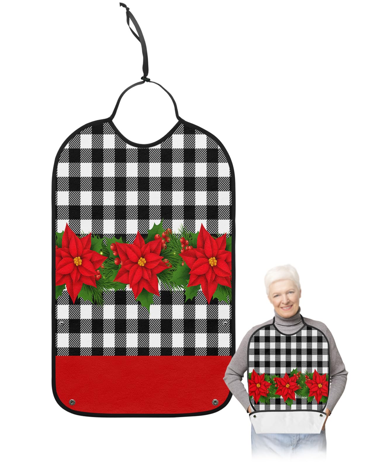 Christmas Floral Adult Bibs for Eating, Waterproof Bibs with Food Catcher & Adjustable Snap Closure, Black White Buffalo Plaid Poinsettia Washable Clothing Protectors Adult Bibs for Elderly Women/Men