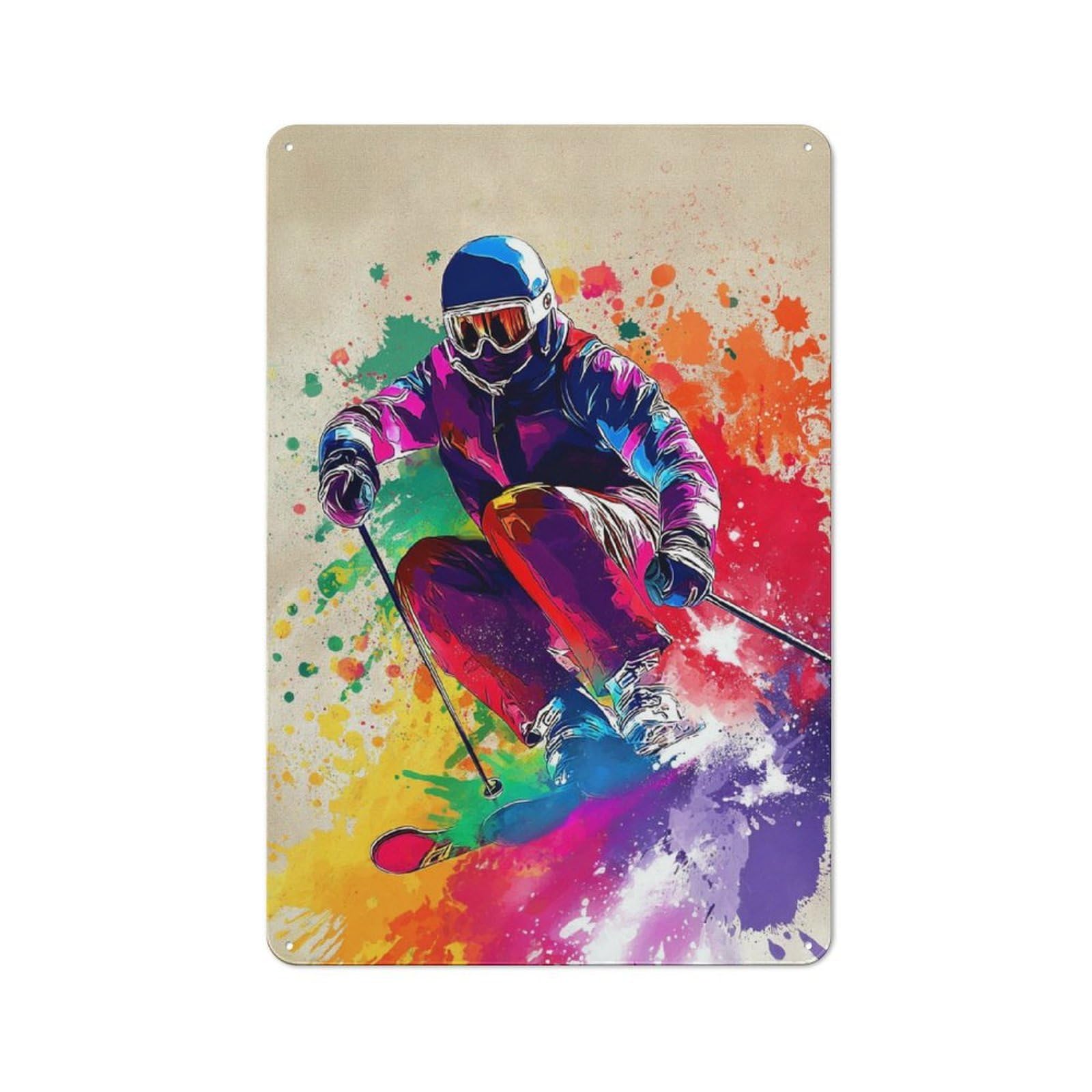 Junmoney Colorful Skiing Adventure -7 Retro Metal Wall Sign 30X20cm For Studio Or Craft Room, For Metal Sign Collectors, For Garage And Workshop Walls