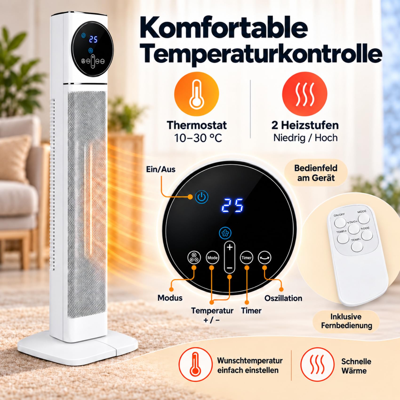 2500W PTC Keramik Heizlüfter Leise mit Fernbedienung & Oszillation
